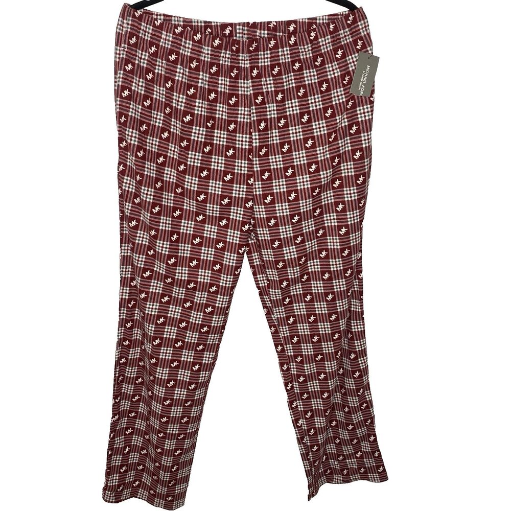 MICHAEL KORS Pajama Pants Plaid Pull-On Pockets Loungewear Logo MK Men L Red NWT